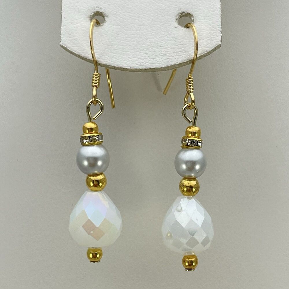 18K Gold Plated White Teardrop Glass Silver Glass Pearl Beaded Dangle Earrings